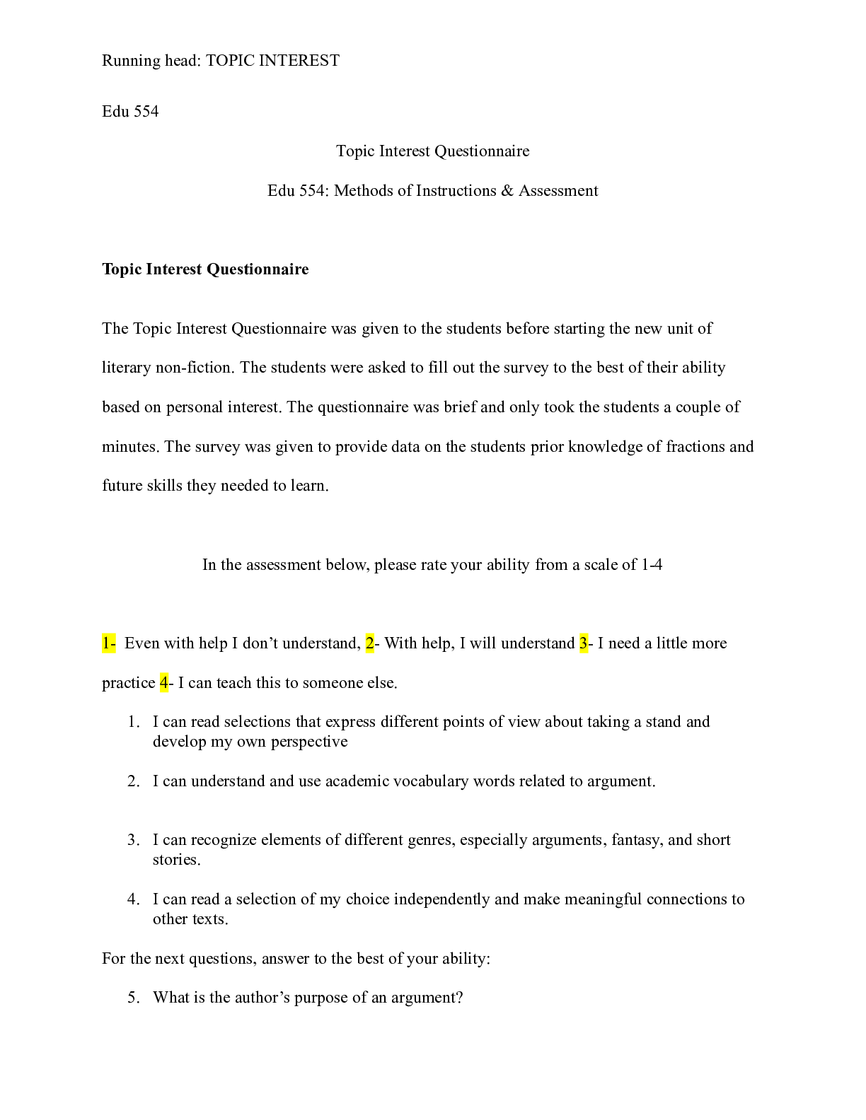 Preview image of Topic_Interest_Questionnaire.docx  Edu 554  Topic Interest Questionnaire  Edu 554: Methods document